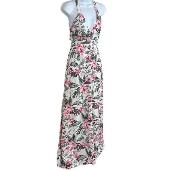 Sim & Sam Womens Pink/Gray/Green Tropical Smocked Lined V-Neck Maxi Dres… - Picture 4 of 14